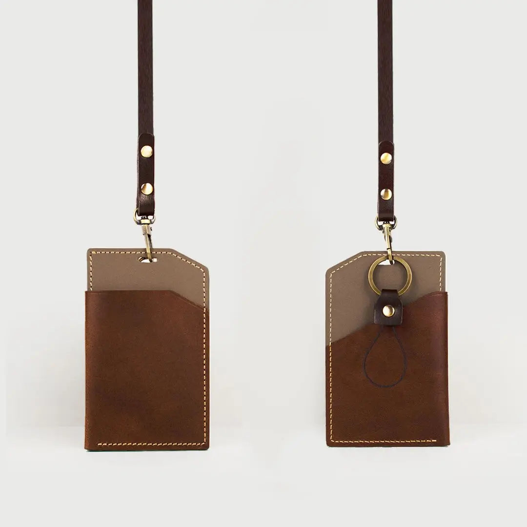 A front and back view of a handcrafted leather ID name badge working cardholder, in dark coffee and grey color. Made in Hong Kong.